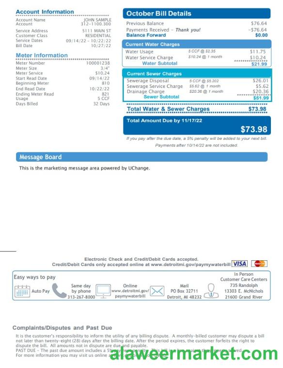 USA Michigan Water and Sewerage Department utility bill, Word and PDF template, 2 pages 2